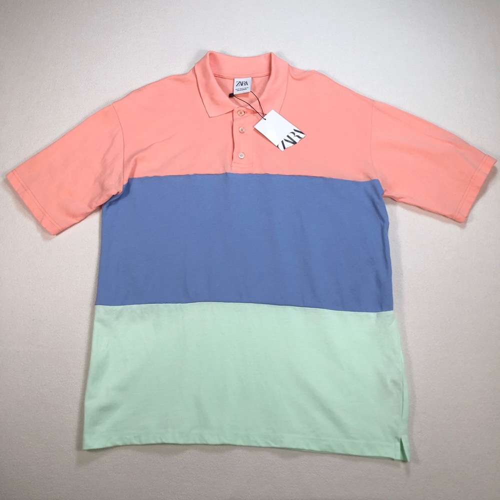 Zara Polo‎ Men's M Multi-Color Block 100% Cotton Pastel Rugby Shirt Casual NWT